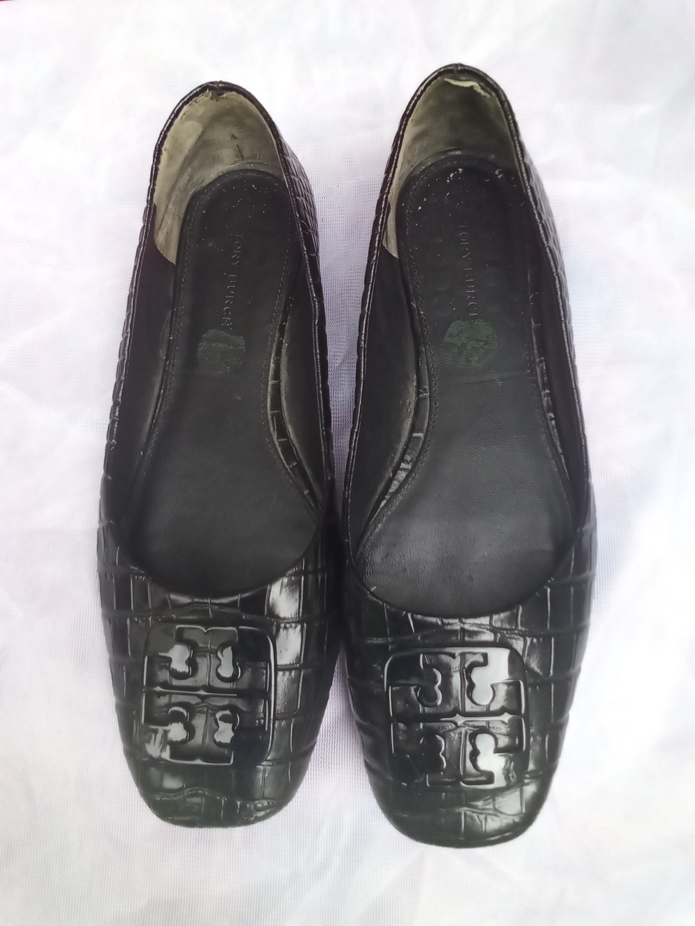 Tory Burch Georgia Black Croc-Embossed Square Toe Ballet Flats Logo 7.5 GUC - Picture 3 of 5